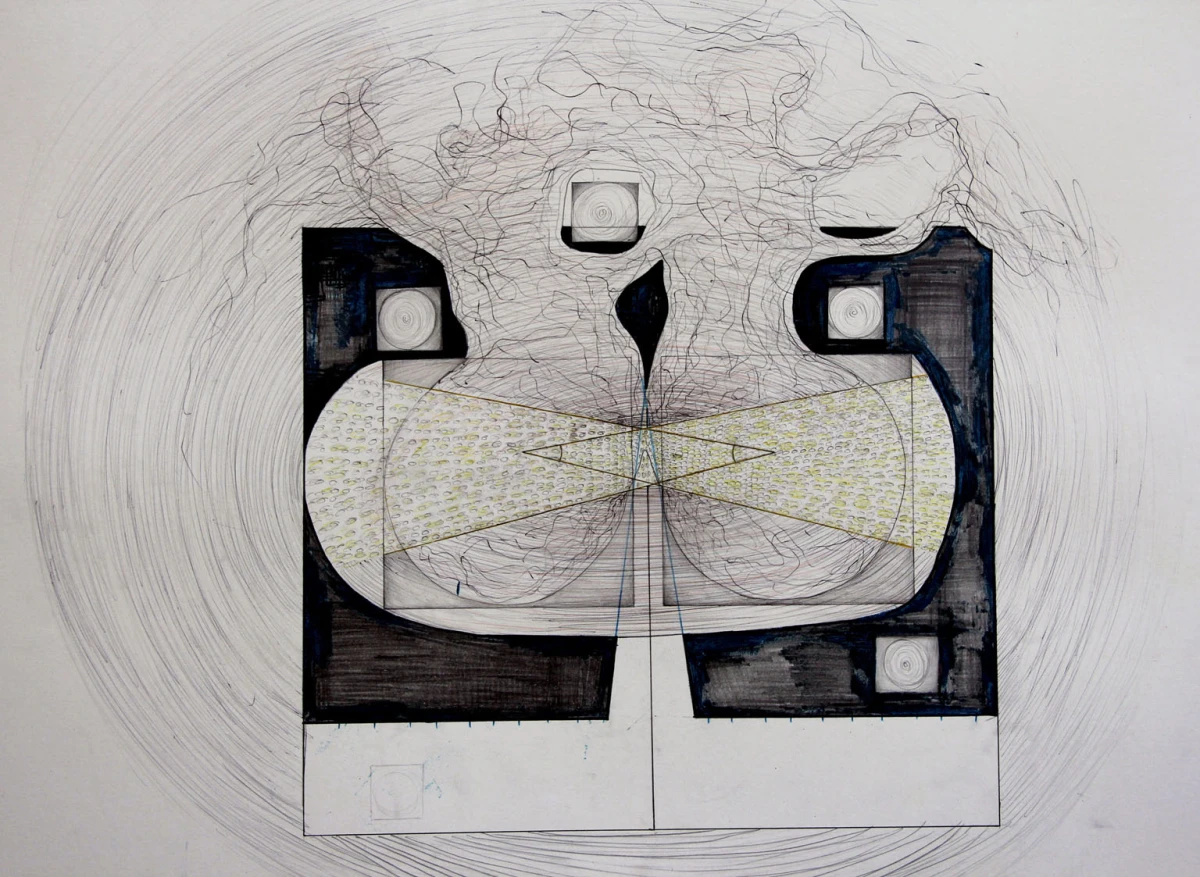 o.T., 2015, 70x90 cm, Kugelschreiber, Bleistift und lack auf Pappe